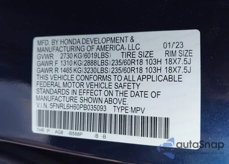 2023 Honda Odyssey Ex-L из США, поврежденный, VIN 5FNRL6H60PB035093